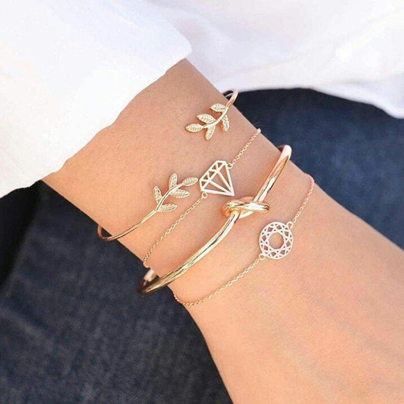 Leaves Knot Round Chain Gold Bracelet Set Women Fashion