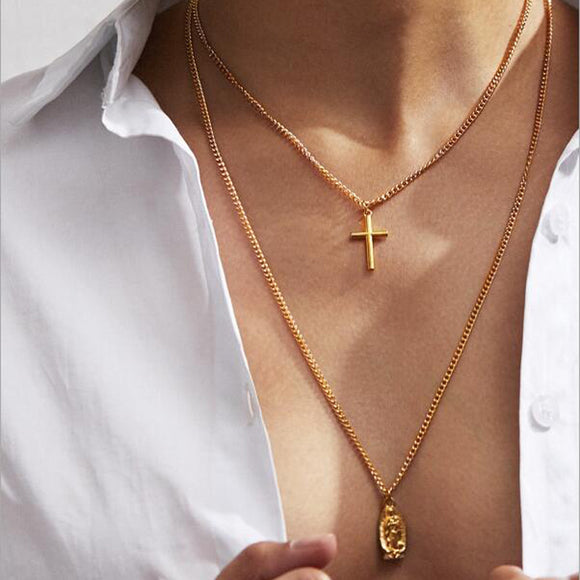 Multilayer Cross Necklace Round Buddha Pendant Long Chains