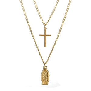 Multilayer Cross Necklace Round Buddha Pendant Long Chains
