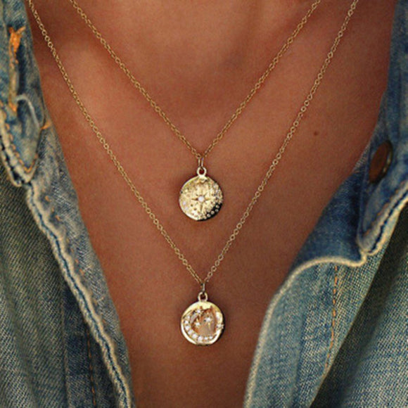 Star Moon Necklace Double Layered Necklace Gold Chain Choker Coin Necklace
