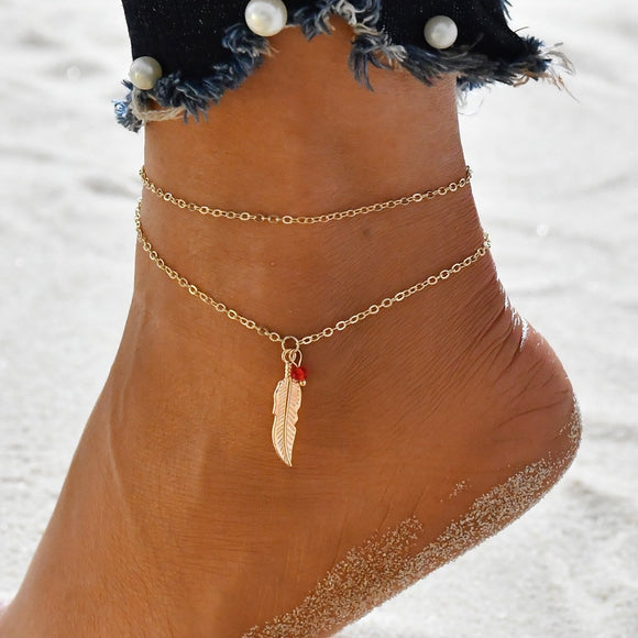 Leaf Feather Anklets Handmade Double Chain Ankle Bracelets Beach Jewelry