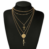 Gold Chain Multi Layered Round Coin Cross Rose Flower Necklaces
