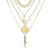 Gold Chain Multi Layered Round Coin Cross Rose Flower Necklaces