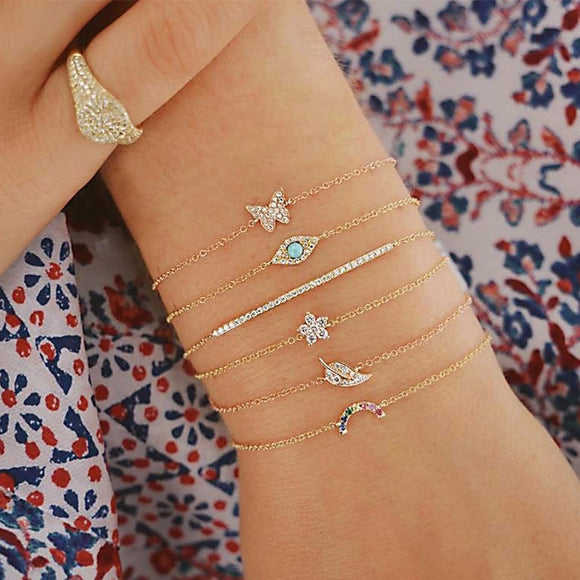 Butterfly Eye Star Moon Leaves Crystal Gem Shiny Gold Multilayer Chain Bracelet Set