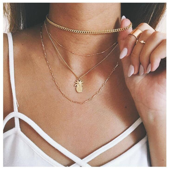 Multilayer Pineapple Design Necklace Gold Chain Long Necklace