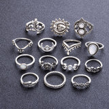14 Pcs/set Vintage Crystal Moon Flower Leaves Water Drop Tarot Symbol Silver Ring Set