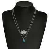 Geometric Leaf Blue Rhinestone Chokers Necklace Silver Chain