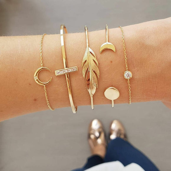 Crystal Moon Leaf Layered Bangle Set for Women Gold Geometric Bracelets