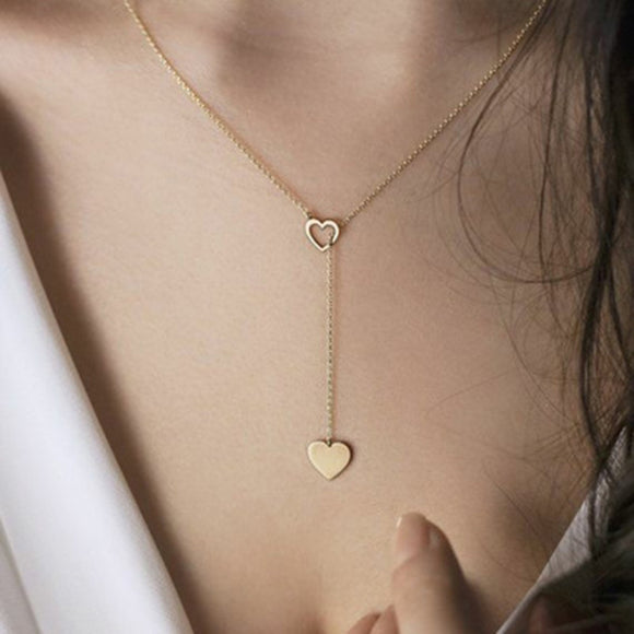 Silver Gold Layered Necklace Long Double Heart Choker Chain Necklace