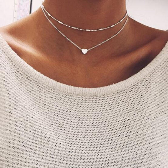 Multilayer Love Heart Charm Necklaces Vintage Gold Silver Color Chokers