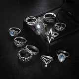 11 Pcs/set Carving Flowers Leaves Water Drop Stars Crystals Ring Silver Ring