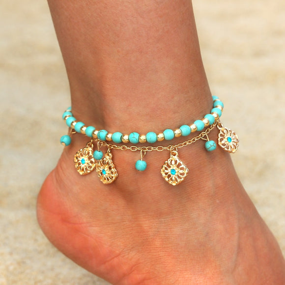 Women Tassel Chain Blue Stone Gold  Anklet Ankle Bracelet